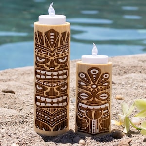 Tropical Tiki Mask Totem Pole Tea Light Holder, Wooden Tiki Statues, Retro Tiki Bar Decor, Tropical Tiki Candle Holder, Gift for Home Bar
