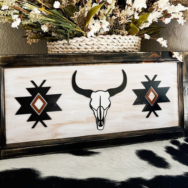 Southwestern Decor, Longhorn Skull Wall Decor, Western Decor, Wild West Decor, Boho Home Decor, Western Rustic Sign, Aztec Sign, Boho Art