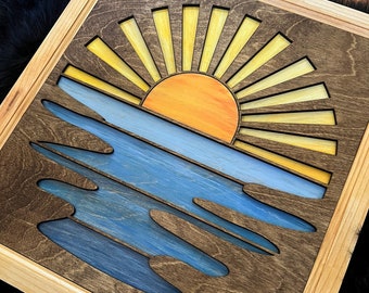 Hand Painted 3D Wood Sunset Wall Art: Boho Coastal Decor