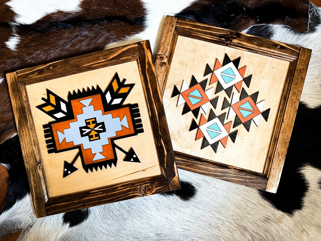 Hand Painted 3D Aztec Boho Western Wood Wall Decor for Bedroom