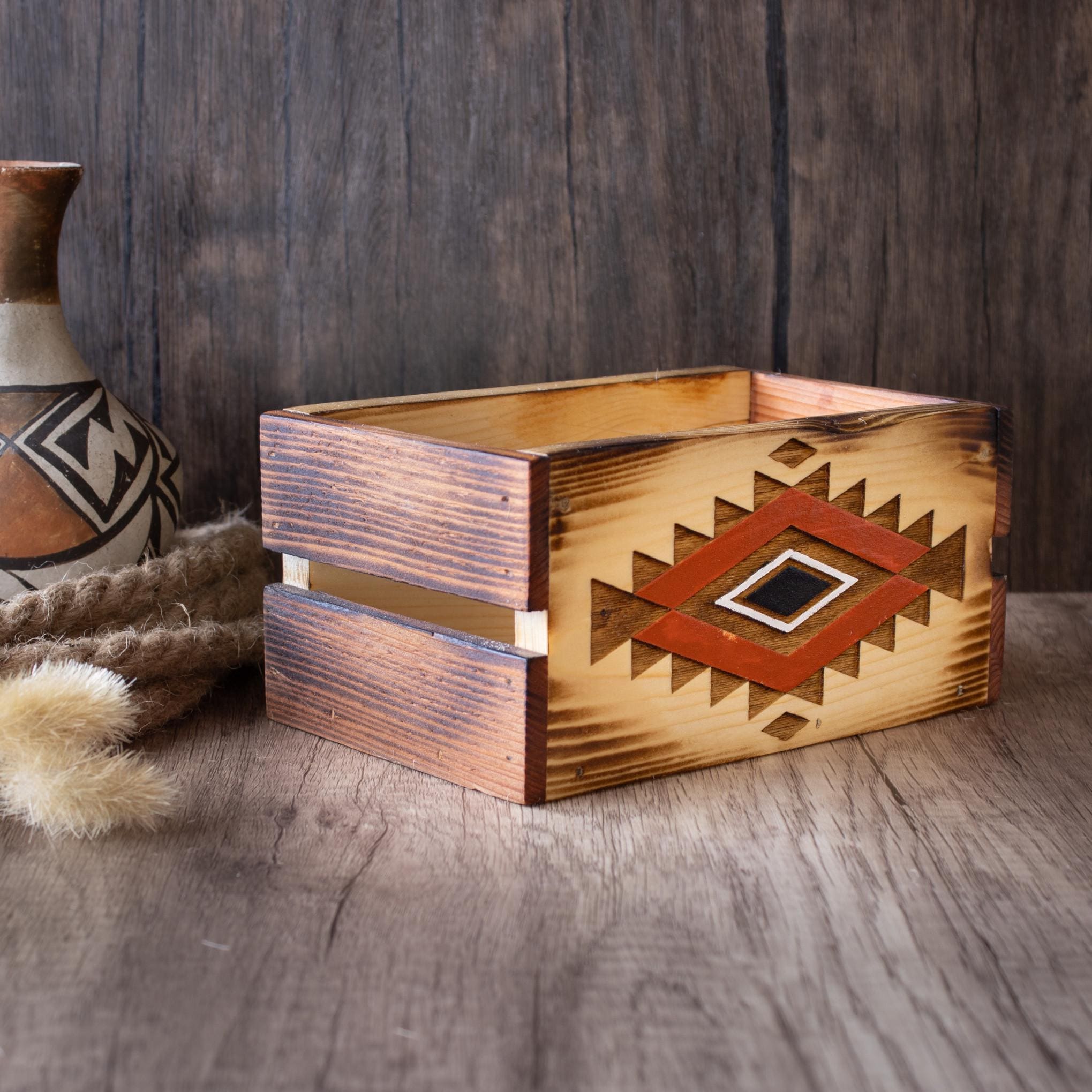 Hand Painted Rustic Wood Box: Aztec Design, Distressed Finish - Etsy