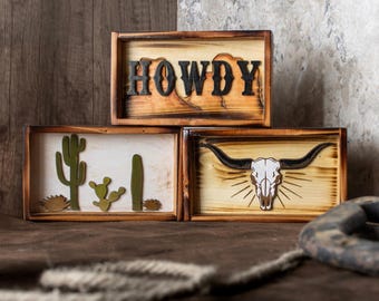 Rustic Hand Painted Western Shelf Sitters, Southwestern Free Standing Tired Tray Decor, Distressed Howdy Sign, 3D Western Long Horn Skull