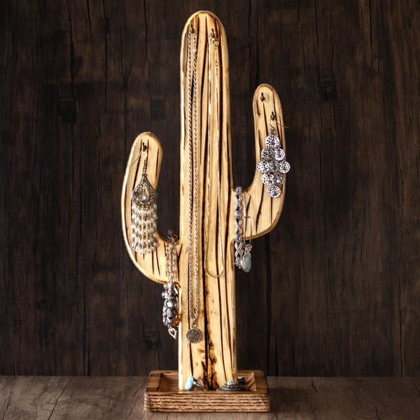 Soporte rústico de madera con forma de cactus saguaro para joyas y plato para anillos: Decoración estilo western