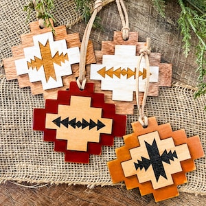 Rustic Southwestern Christmas Ornament: Laser Engraved Aztec Design