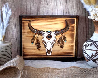 Rustic Western Longhorn Wood Sign: Distressed Cow Skull Decor