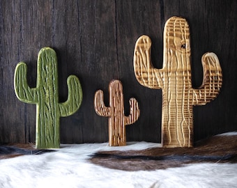 Rustic Western Solid Wood Free-Standing Cactus Trio, Boho Living Room Decor, Rustic Tier Tray Decor, Gift for Her