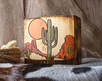 Hand Painted Saguaro Cactus Wood Vase: Western Rustic Decor
