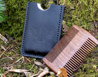 ᚠᛉᚢ Wooden Beard comb with Leather sleeve | Witch-king of Angmar | Brown Tan color | Personalized Wooden 2-sided Comb and Leather Case ᚢᛉᚠ