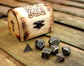 Metal Dice in wooden box Dice set in small Chest - Viking Knot Dungeons and dragons RPG dice set FREE UK delivery