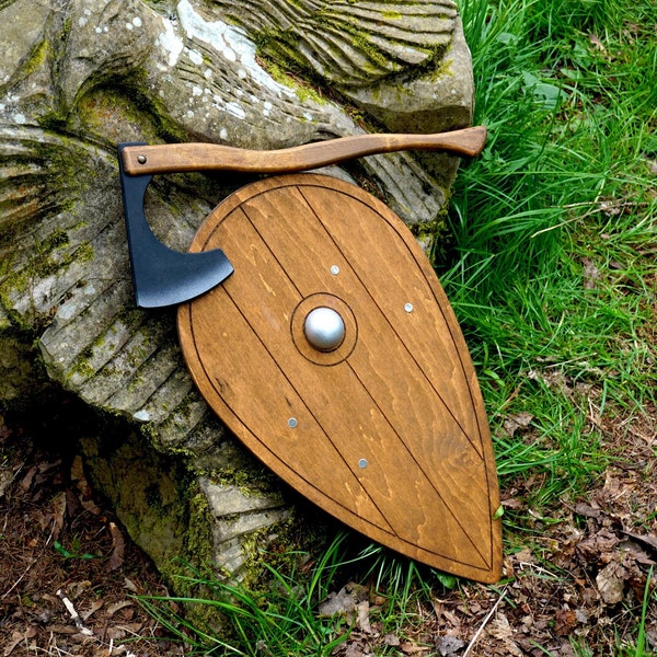 ᚢᛉᚠ Viking toy Bearded-head Axe and Norman Kite Shield | FREE personalization and UK delivery | Handmade wooden toy / replica for viking ᚠᛉᚢ