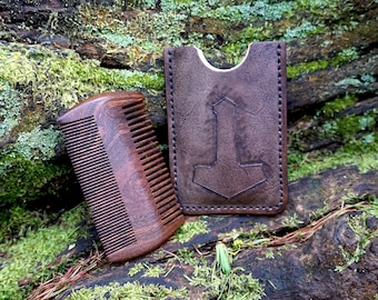 ᚠᛉᚢ Wooden Beard comb with Viking Leather sleeve | Mjölnir - Thor's Hammer | Wooden 2-sided Comb and Leather Case | Personalized gift ᚢᛉᚠ