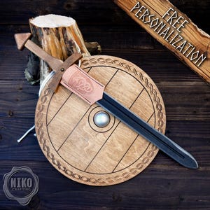 Handmade Wooden Viking Sword and Round Shield Set: Handmade Personalized Toy with Scabbard. - B