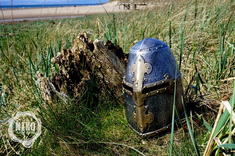 Op de afbeelding: Een zilveren en gouden ridderhelm met een fleur-de-lis-ontwerp aan de voorkant. De helm ligt op een bed van groen gras.