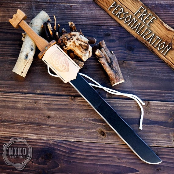 Wooden Viking swords - Langsax (Scramasax) - Handmade, Personalized Single edged toy Sword with Leather scabbard