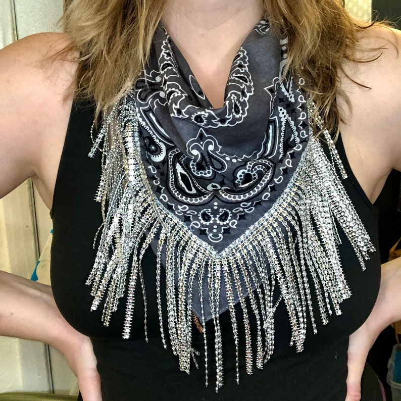Rhinestone Fringe Bandana Etsy