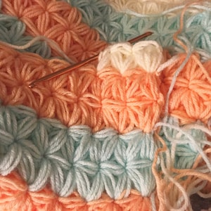 May include: A close-up of a crocheted blanket with a repeating pattern of flowers in shades of peach, light blue, and white. A crochet hook is visible in the image.
