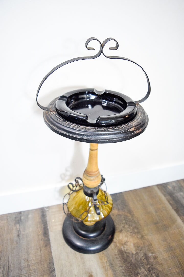 Vintage Ashtray Standing Swag Lamp Style Glass Wood Metal