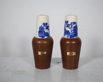 Vintage Mid Century Teak Wood White Blufe Delftware Ceramic Salt and Pepper Shakers Home Decor Kitchenware Home Staging Accents