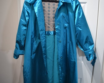 Vintage Metallic Blue Trench Rain Jacket / Laura Winston / Made in Korea / 80's Fashion
