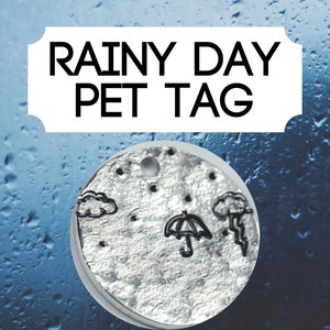 May include: Silver pet tag with a rainy day design. The tag features a cloud, an umbrella, and lightning bolts.