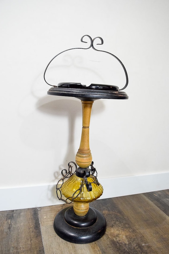 Vintage Ashtray Standing Swag Lamp Style Glass Wood Metal Vintage Ashtray Standing Swag Lamp Style Glass Wood Metal