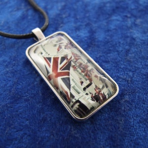 Union Flag British Street Scene in Glass and Metal Pendant With Cord Necklace