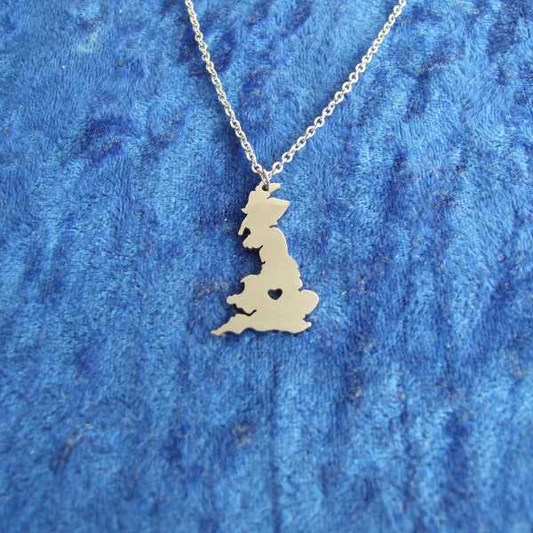 Great Britain Stainless Steel Pendant Necklace,  England, Heart Charm Pendant.