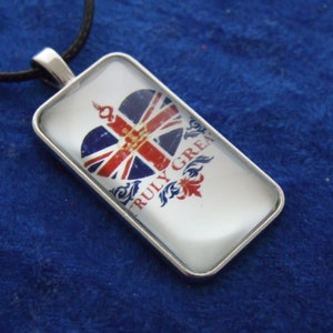 Union Flag British Street Scene in Glass and Metal Pendant With Cord Necklace