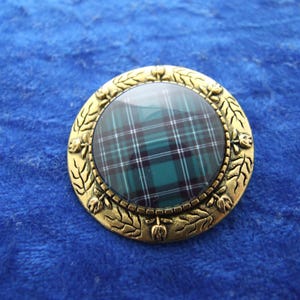 Green and White Tartan Brooch in Gold Ornate Setting