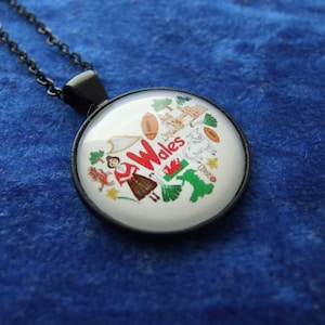 Wales Pendant Featuring Symbols of Wales - Welsh Fun, Colourful Pendant