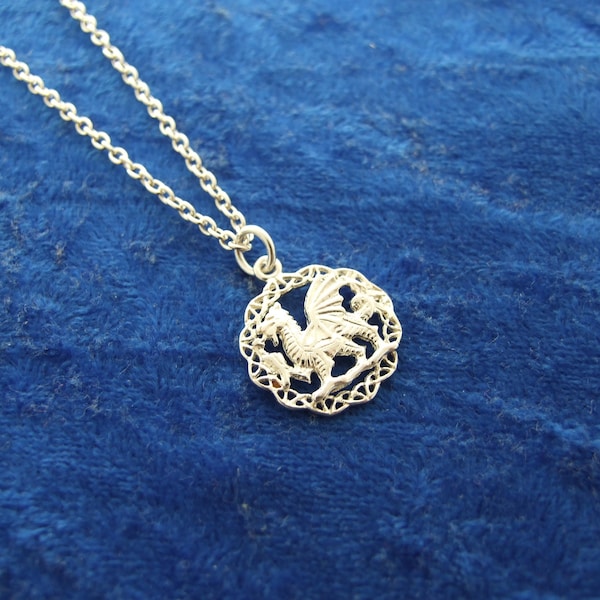 Welsh Dragon Charm Pendant Necklace in Sterling Silver