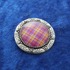Pink and Yellow Tartan Brooch in Silver Setting
