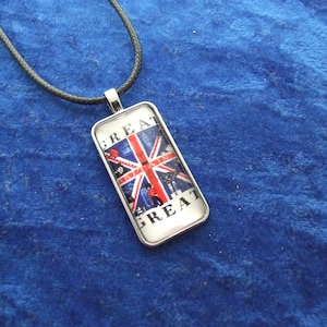 British Flag  Stylish Great Britain Design in Glass and Metal Pendant With Cord Necklace