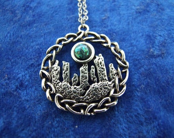 Standing Stones Charm Pendant Necklace With Green Moonstone, Scotland, Celtic, Outlander, Pagan, Britain, Gothic Pendant.