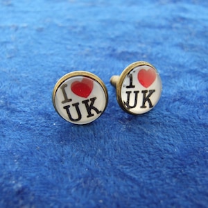 I Love UK Round Stud Earrings in Bronze Settings