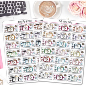 May include: A sheet of colorful planner stickers with a daily dose of stickers text. The stickers feature a variety of colors and designs, including a planner with the word "Plan" written on it, a coffee cup, and a small gift box.