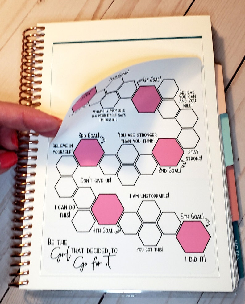 May include: A black and white motivational planner page with pink hexagonal goal stickers. The page features the text "Be the Girl that decided to Go for it" and includes motivational phrases like "Believe in yourself", "You are stronger than you think", "I am unstoppable", and "I did it!"