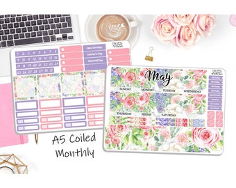 NEW! - A5 Monthly Coiled May Sticker Kit - Floral Lilac - May A5 Monthly Kit  - Planner Stickers - 2 Pg Kit  DD-00951May2