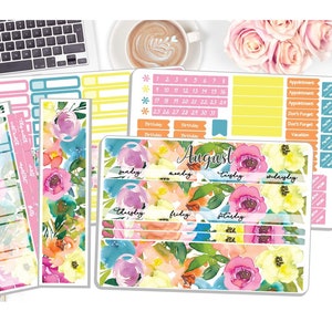NEW! - Monthly August Sticker Kit - Floral Water Color - August Monthly Kit  - Planner Stickers - 3 Pg Kit & 1 Sidebar  DD-00920