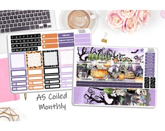 May include: A5 monthly planner sticker sheet with a Halloween theme. The sheet features a purple background with black bats, a spooky tree, and a variety of Halloween-themed stickers. The stickers include a calendar, days of the week, and various other Halloween-themed icons.