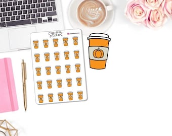 May include: Sheet of stickers featuring orange coffee cups with a pumpkin design. The stickers are on a white background with a laptop, pink notebook, gold pen, and a cup of coffee. The text "Daily Dose Stickers" is visible.