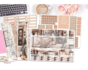 May include: A collection of planner stickers with a fall theme. The stickers feature images of pumpkins, a front door with a wreath, and the word "September." The color palette includes shades of brown, beige, and orange.