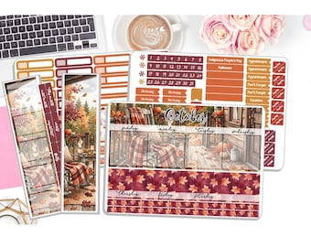 NEW! Monthly October Sticker Kit - Fall Porch - Monthly Kit Planner Stickers 3 Pg Kit & 1 Sidebar - Notes Kit Dashboard  DD-00948