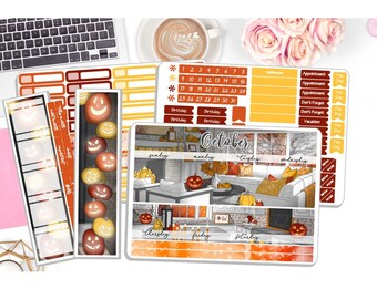 Monthly October Sticker Kit - Scary Halloween Party - Halloween - Planner Stickers - 3 Pg Kit & 1 Sidebar Notes Kit Dashboard  DD-00781