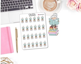 NEW! Reading Character Stickers - Books - Reading Books on Stack of Books - Madison - Planner Girl Stickers - Planner Stickers DD-00238D