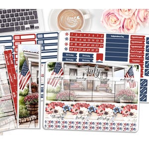 NOUVEAU ! Kit d'autocollants mensuels pour juillet - 4 juillet pour la véranda - Stickers aquarelle pour agenda, kit de 3 pages et 1 kit de notes pour tableau de bord, tableau de bord DD-00762