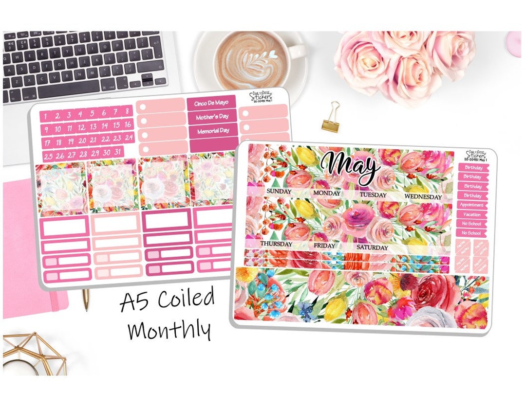 NEW! - A5 Monthly Coiled May Sticker Kit - Watercolor Spring Floral ...