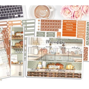 May include: A printable planner sticker set with a kitchen theme. The stickers feature a kitchen counter with a coffee pot, coffee mugs, and pumpkins. The stickers are designed for use in a November planner.