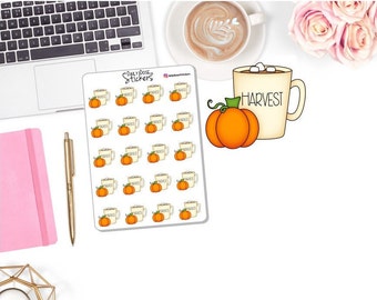 May include: A sheet of 20 stickers featuring a fall theme. The stickers are round and feature a brown coffee mug with marshmallows and a pumpkin. The mug says "Harvest".
