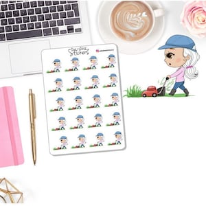 NEW! Gardening Girl Character Stickers - Mowing the Lawn - Cutting the Grass - Madison - Planner Girl Stickers - Planner Stickers DD-00877C